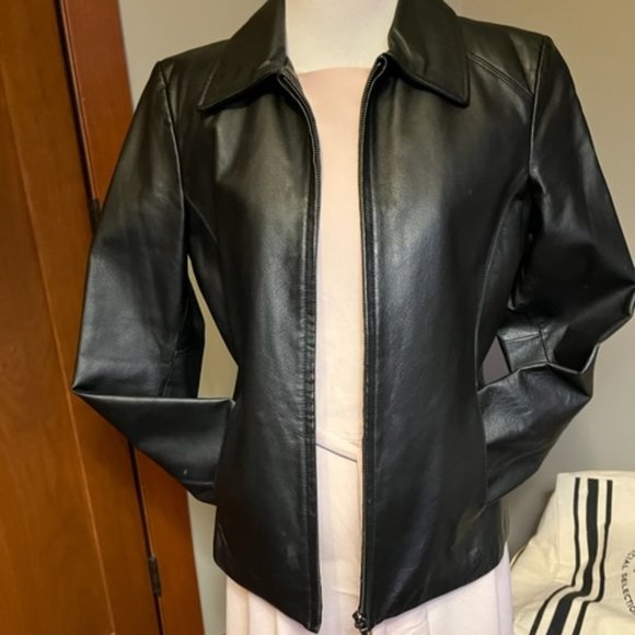 Worthington Jackets & Blazers - Worthington Black Leather Jacket/Coat w/Red Lining Genuine Leather Sz Petite Sm